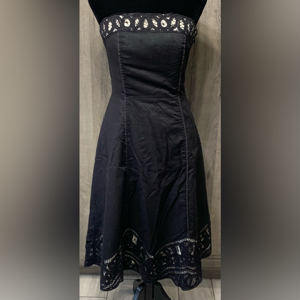 White House Black Market Black Strapless Midi Dress with Eyelet Trim
